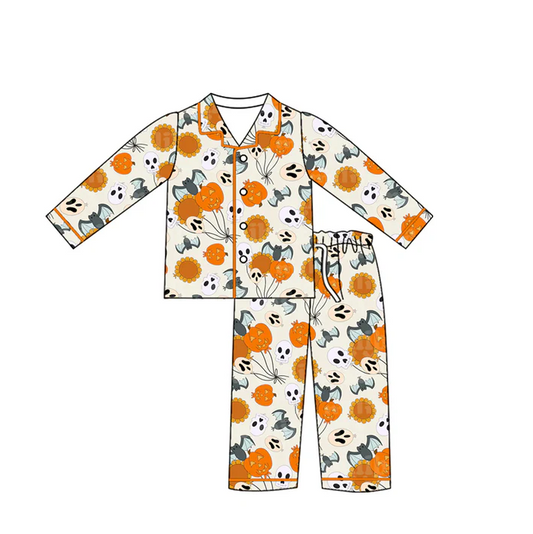 5.14 Preorder (moq 5)Baby Girls Halloween Pumpkins Bats Buttons Top Pants Pajamas