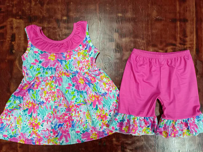 5.15 Preorder moq 5 Baby Girls Sleeveless Watercolor Floral Tunic Ruffle Short Set
