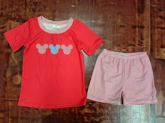 5.15 Preorder moq 5 Baby Boys Red Short Sleeves Cartoon Mouse Top Red Stripe Short Set