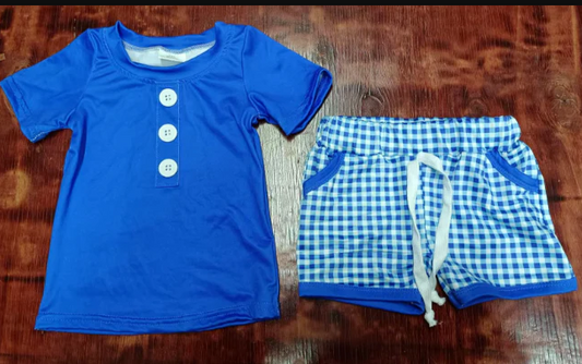 5.15 Preorder moq 5 Baby Boys Blue Short Sleeves Button Top Plaid Pockets Short Set