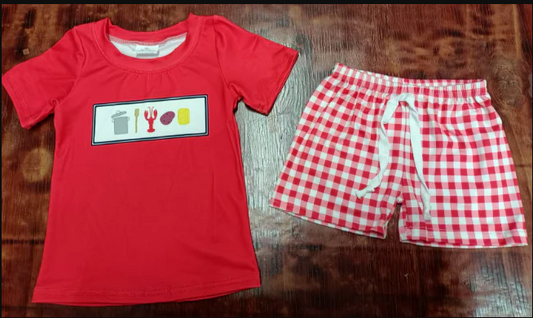 5.15 Preorder moq 5 Baby Boys Red Short Sleeves Crayfish Coin Top Plaid Short Set