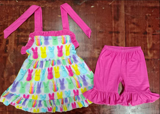 5.15 Preorder moq 5 Baby Girls Strap Colorful Bunny Tunic Pink Ruffle Shorts Easter Set