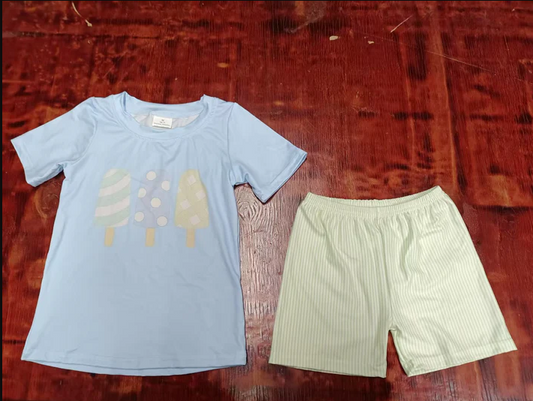5.15 Preorder moq 5 Baby Boys Blue Short Sleeves Popsicle Top Aqua Stripe Short Set