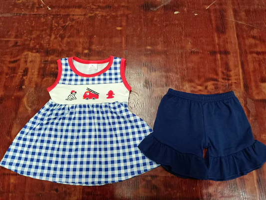 5.15 Preorder moq 5 Baby Girls Sleeveless Line Men Blue Plaid Tunic Ruffle Short Sets
