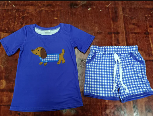 5.15 Preorder moq 5 Baby Boys Hot Blue Short Sleeves Dogs Top Plaid Pockets Shorts Set