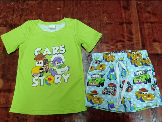 5.15 Preorder moq 5 Baby Boys Green Short Sleeves Cartoon Cars Top Shorts Set