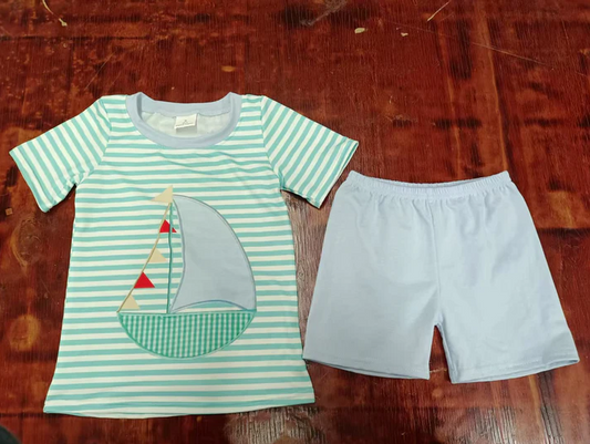 5.15 Preorder moq 5 Baby Boys Aqua Stripe Short Sleeves Boat Top Shorts Set