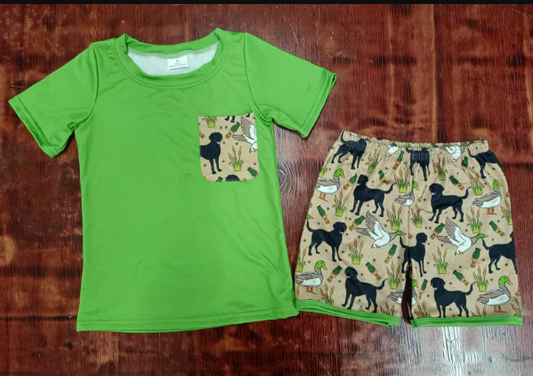 5.15 Preorder moq 5 Baby Boys Green Short Sleeves Pocket Top Dogs Ducks Shorts Set