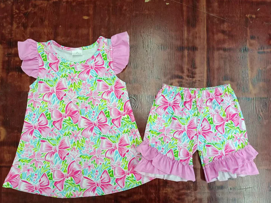 5.15 Preorder moq 5 Baby Girls Pink Flutter Sleeves Bows Floral Tunic Ruffle Short Set