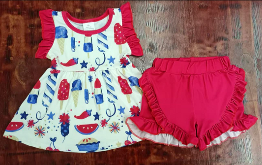 5.15 Preorder moq 5 Baby Girls Red Sleeveless Popsicle Firework Tunic Ruffle Short Set