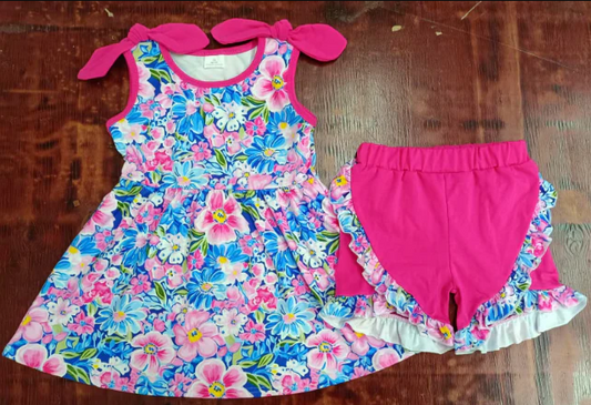 5.15 Preorder moq 5 Baby Girls Pink Strap Floral Tunic Ruffle Short Set