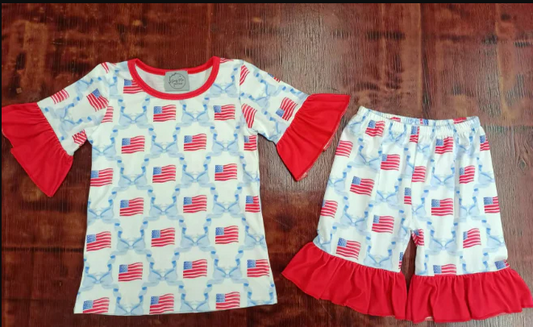 5.15 Preorder moq 5 Baby Girls Red Short Ruffle Sleeves Bows Flags Top Shorts 4th Of July Pajamas Set