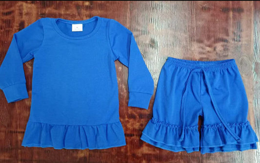 5.15 Preorder moq 5 Baby Girls Blue Long Sleeves Ruffle Top Shorts Pajamas Set