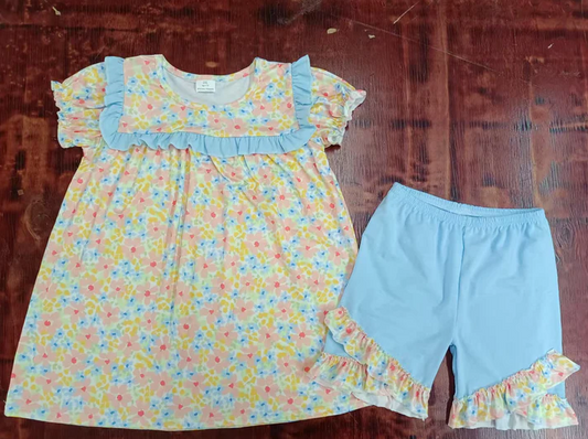 5.15 Preorder moq 5 Baby Girls Short Ruffle Sleeves Pink Floral Tunic Blue Short Set