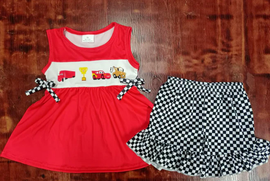 5.15 Preorder moq 5 Baby Girls Red Sleeveless Cartoon Cars Tunic Black Plaid Ruffle Short Set