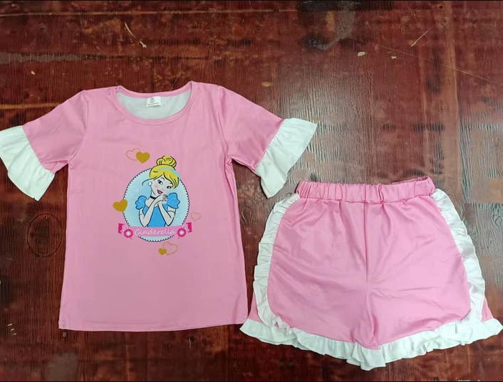 5.15 Preorder moq 5 Baby Girls Pink Short Ruffle Sleeves Princess Top Short Set