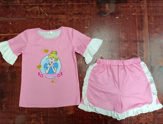 5.15 Preorder moq 5 Baby Girls Pink Short Ruffle Sleeves Princess Top Short Set