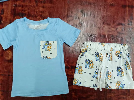 5.15 Preorder moq 5 Baby Boys Blue Short Sleeves Pocket Top Cartoon Dogs Shorts Set