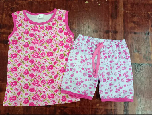 5.15 Preorder moq 5 Baby Girls Sleeveless Pink Flowers Tunic Short Set