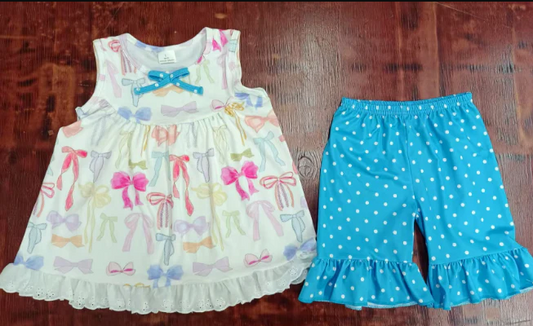 5.15 Preorder moq 5 Baby Girls Sleeveless Colorful Bows Tunic Blue Polka Dots Ruffle Short Set