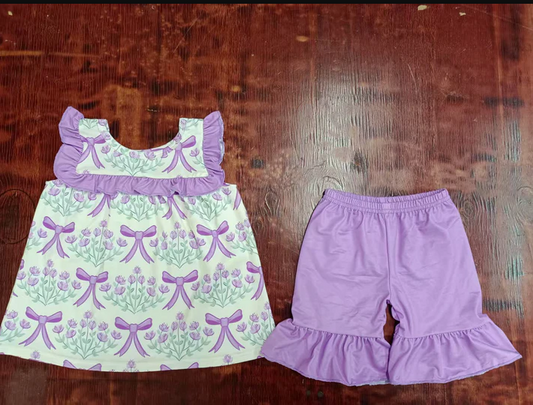 5.15 Preorder moq 5 Baby Girls Sleeveless Lavender Bows Floral Tunic Ruffle Shorts Set
