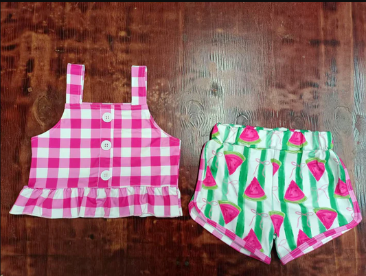 5.15 Preorder moq 5 Baby Girls Pink Plaid Strap Button Top Watermelon Stripe Short Sets