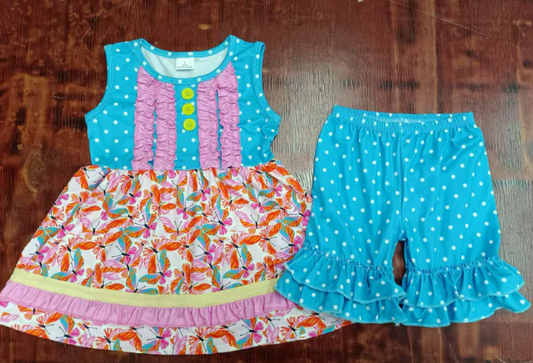 5.15 Preorder moq 5 Baby Girls Blue Polka Dots Sleeveless Button Butterfly Tunic Ruffle Short Sets