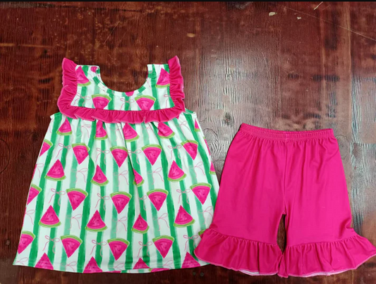 5.15 Preorder moq 5 Baby Girls Pink Sleeveless Stripe Watermelon Tunic Ruffle Short Sets