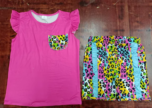 5.15 Preorder moq 5 Baby Girls Pink Flutter Sleeves Pockets Top Colorful Leopard Ruffle Short Sets