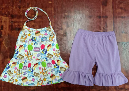 5.15 Preorder moq 5 Baby Girls Strap Cartoon Dogs Balloons Tunic Lavender Ruffle Short Sets