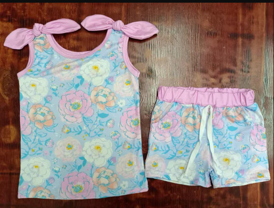 5.15 Preorder moq 5 Baby Girls Pink Strap Flowers Top Pockets Shorts Set