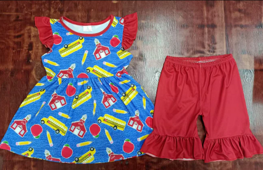 5.15 Preorder moq 5 Baby Girls Red Flutter Sleeves Pencils Apples Tunic Ruffle Short Back School Set
