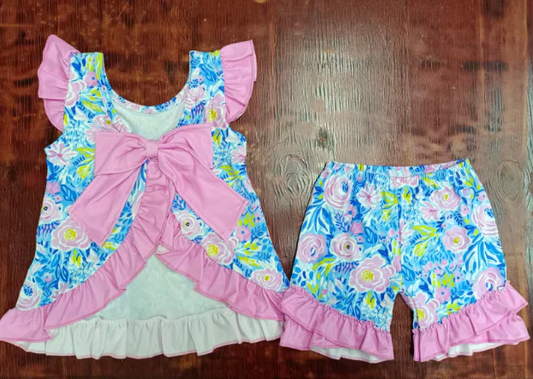 5.15 Preorder moq 5 Baby Girls Pink Flutter Sleeves Watercolor Floral Bow Tunic Ruffle Short Set
