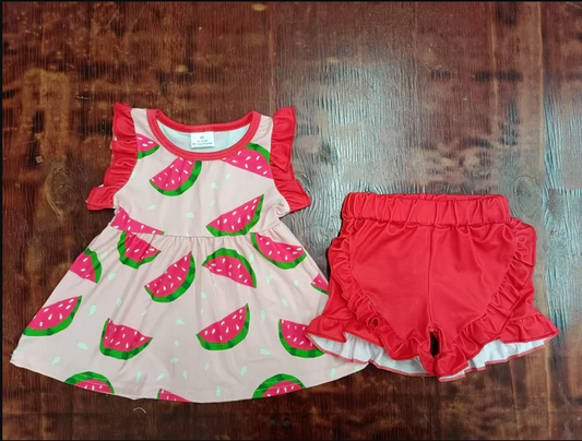 5.15 Preorder moq 5 Baby Girls Red Sleeveless Watermelon Tunic Ruffle Short Set