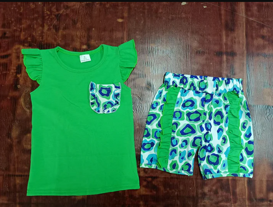 5.15 Preorder moq 5 Baby Girls Green Flutter Sleeves Pocket Top Leopard Ruffle Short Set