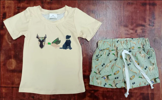 5.15 Preorder moq 5 Baby Boys Short Sleeves Dog Duck Deer Top Green Pockets Short Set