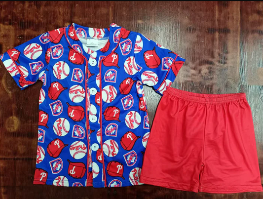 5.15 Preorder moq 5 Baby Boys Blue Short Sleeves Button Baseballs Hats Top Red Shorts Pajamas Set