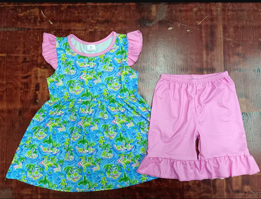 5.15 Preorder moq 5 Baby Girls Pink Flutter Sleeves Blue Beach Tunic Ruffle Short Sets
