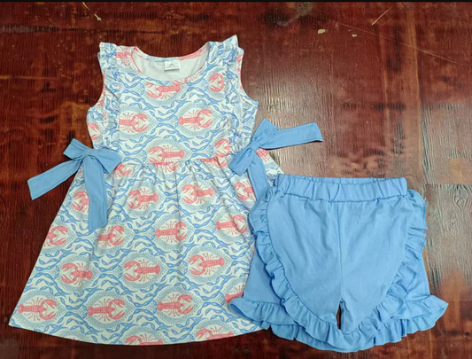 5.15 Preorder moq 5 Baby Girls Sleeveless Blue Bows Crayfishes Tunic Ruffle Short Set
