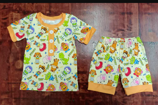 5.15 Preorder moq 5 Baby Boys Short Sleeves Button Cartoon Dolls Top Shorts Pajamas Set