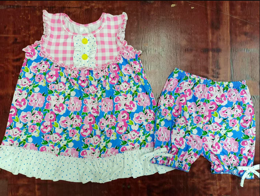 5.15 Preorder moq 5 Baby Girls Sleeveless Pink Plaid Blue Floral Tunic Ruffle Shorts Set