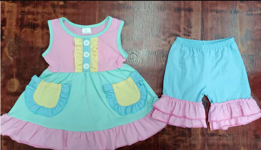 5.15 Preorder moq 5 Baby Girls Sleeveless Pink Blue Yellow Button Pockets Tunic Ruffle Short Sets