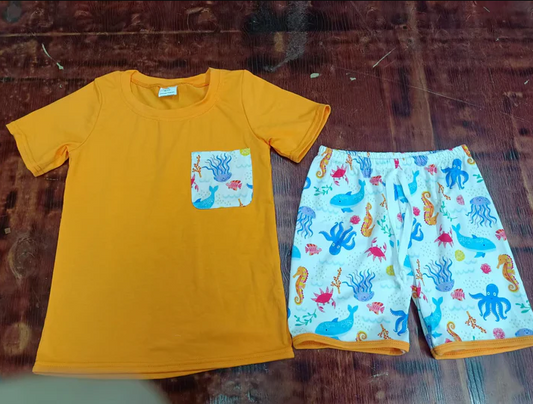 5.15 Preorder moq 5 Baby Boys Orange Short Sleeves Pocket Top Sea World Shorts Set