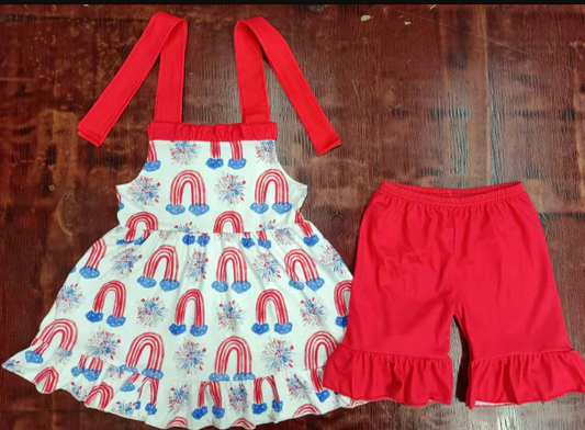 5.15 Preorder moq 5 Baby Girls Red Strap Blue Firework Rainbows Tunic Ruffle Shorts 4th Of July Set