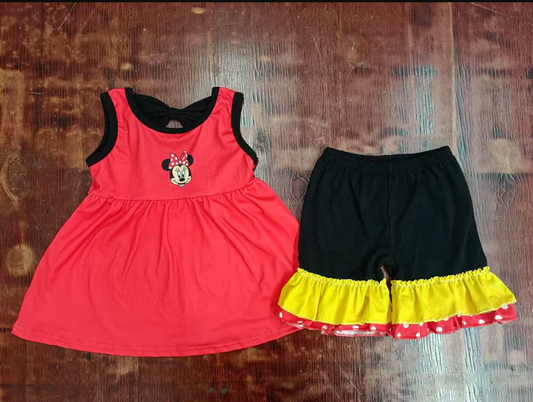 5.15 Preorder moq 5 Baby Girls Sleeveless Cartoon Mouse Tunic Black Ruffle Shorts Set