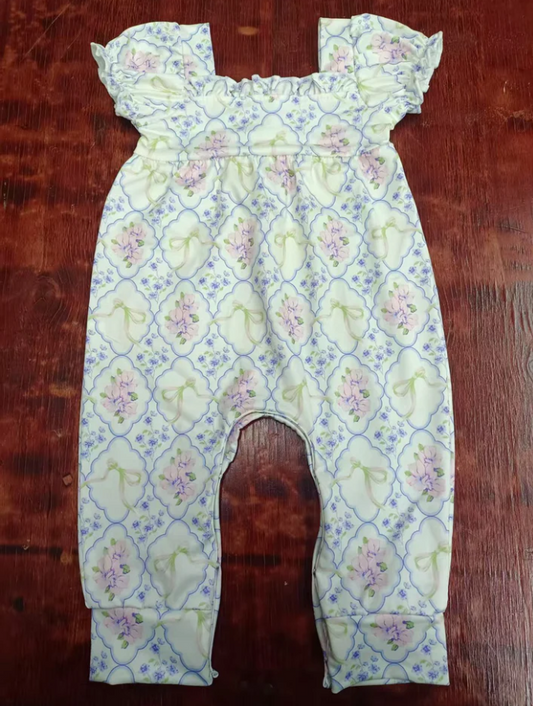 5.16 Preorder moq 5 Baby Girls Short Ruffle Sleeves Floral Plaid Pant Rompers