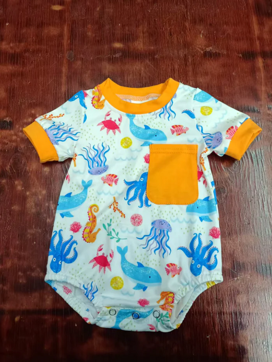 5.16 Preorder moq 5 Baby Boys Orange Short Sleeves Sea World Pockets Rompers