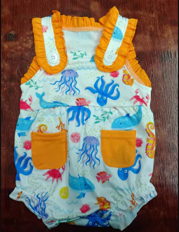5.16 Preorder moq 5 Baby Girls Orange Sleeveless Sea World Pockets Ruffle Rompers