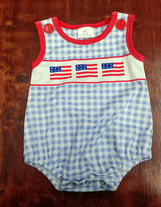 5.16 Preorder moq 5 Baby Boys Red Sleeveless Blue Plaid Flags 4th Of July Rompers