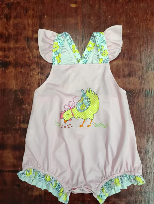 5.16 Preorder moq 5 Baby Girls Peach Flutter Sleeves Chick Farm Ruffle Rompers